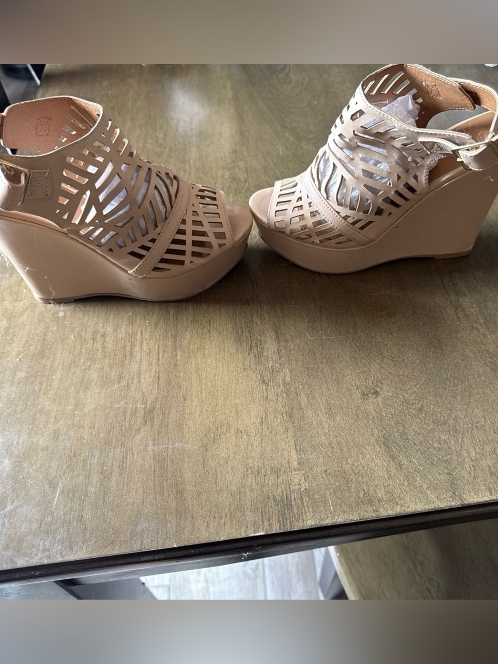 Wedge Sandal Heels in Nude with Laser-Cut Straps